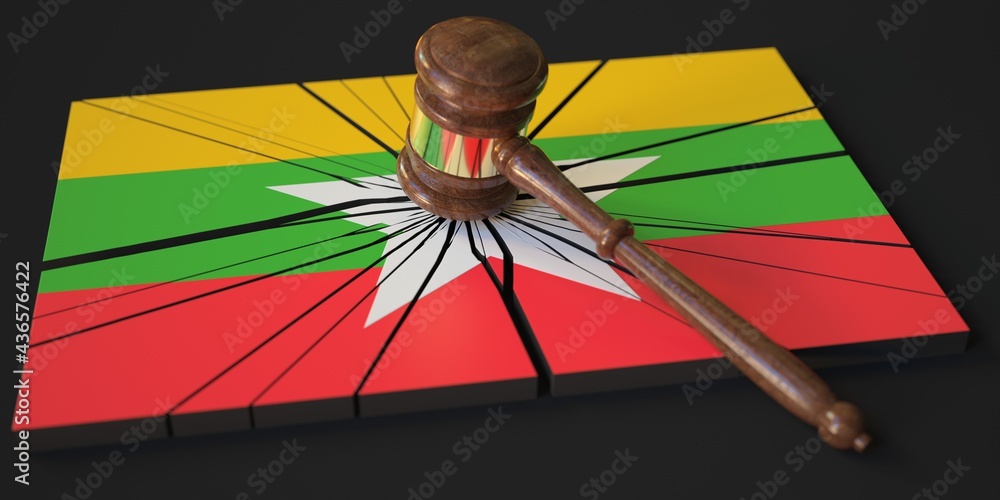 Aufkleber block with flag of myanmar hit by judge's gavel. court related 3d rendering