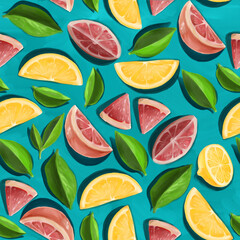 seamless pattern with citruses - lemons and grapefruits and their leaves on a turquoise background. Summer print, refreshing