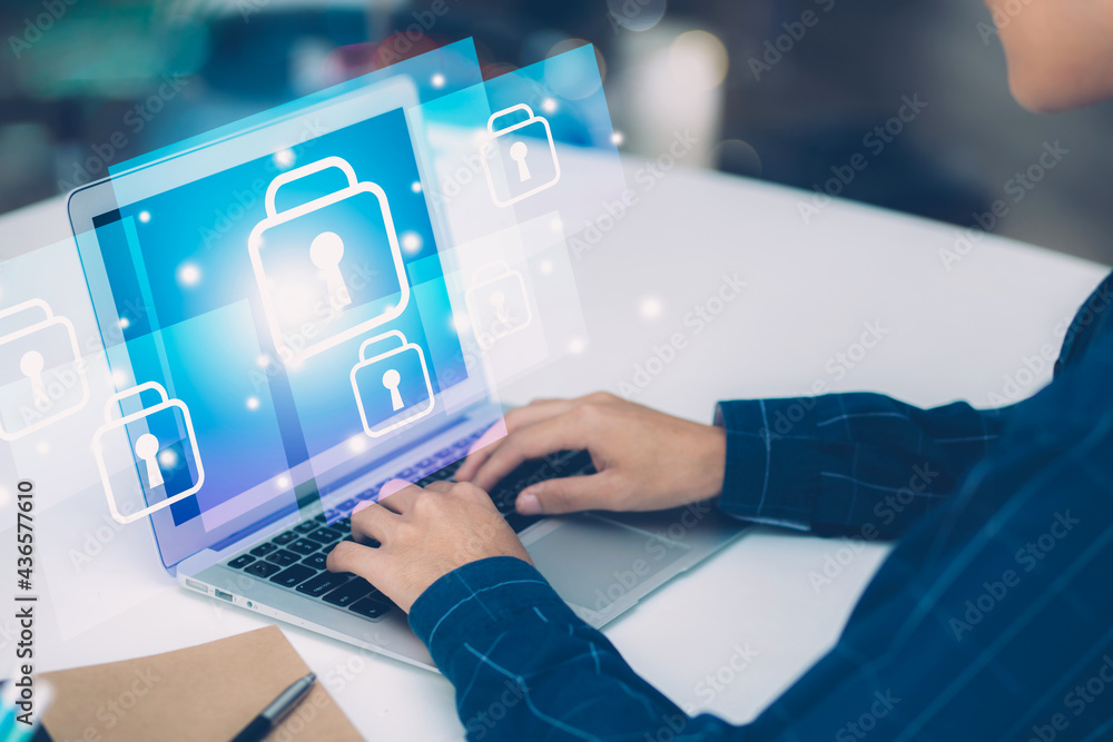 Poster digital network and cyber security for safe and privacy about data, businessman using laptop compute