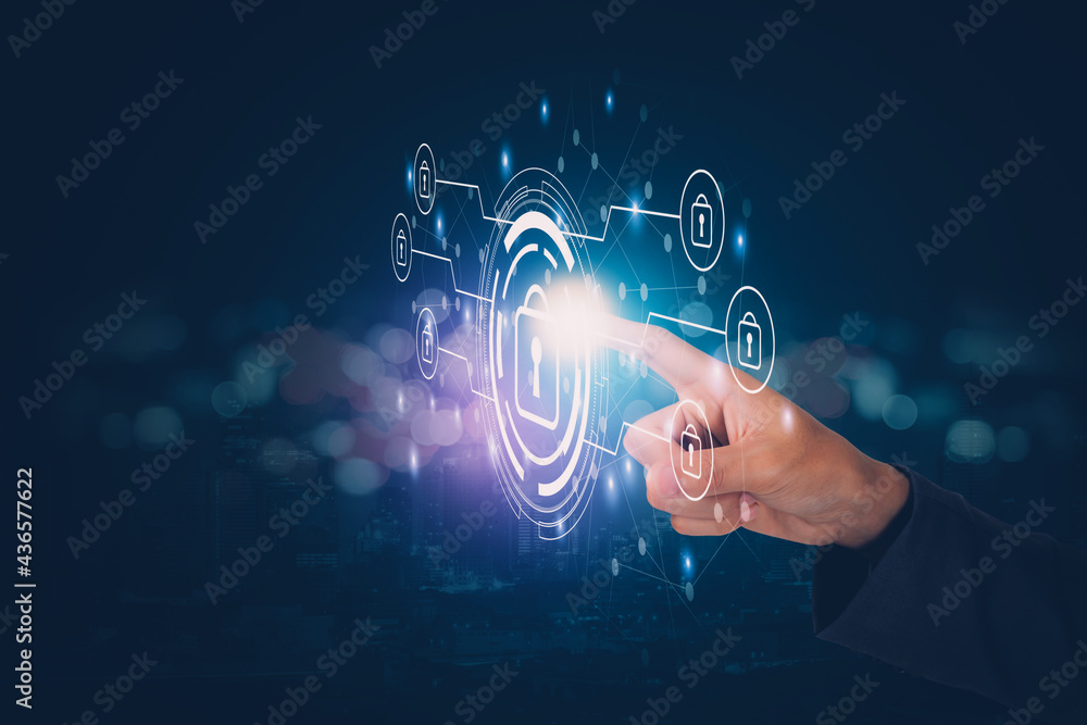 Poster finger of businessman pushing virtual lock icon while cyber security, access data and privacy with p