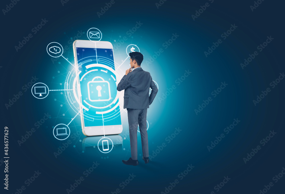 Poster businessman standing while cyber security with smart phone, access data and privacy with protection 