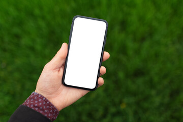 Close-up of male hand holding smartphone with mockup on background of blurred green grass.
