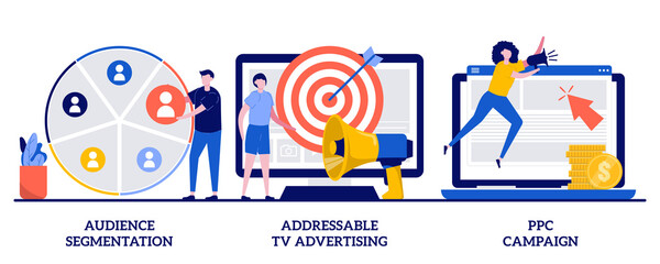 Audience segmentation, addressable tv advertising, ppc campaign concept with tiny people. Targeted promotion, SEO, digital marketing vector illustration set. Geotargeting, CPC advertisement metaphor