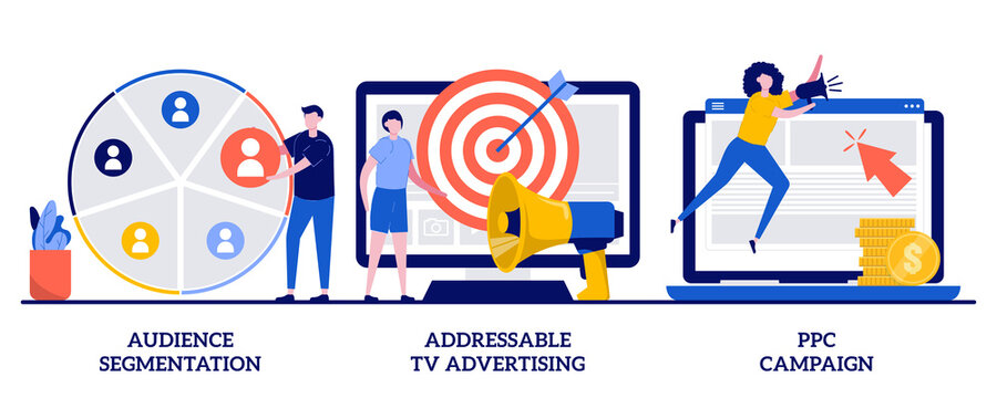 Audience segmentation, addressable tv advertising, ppc campaign concept with tiny people. Targeted promotion, SEO, digital marketing vector illustration set. Geotargeting, CPC advertisement metaphor