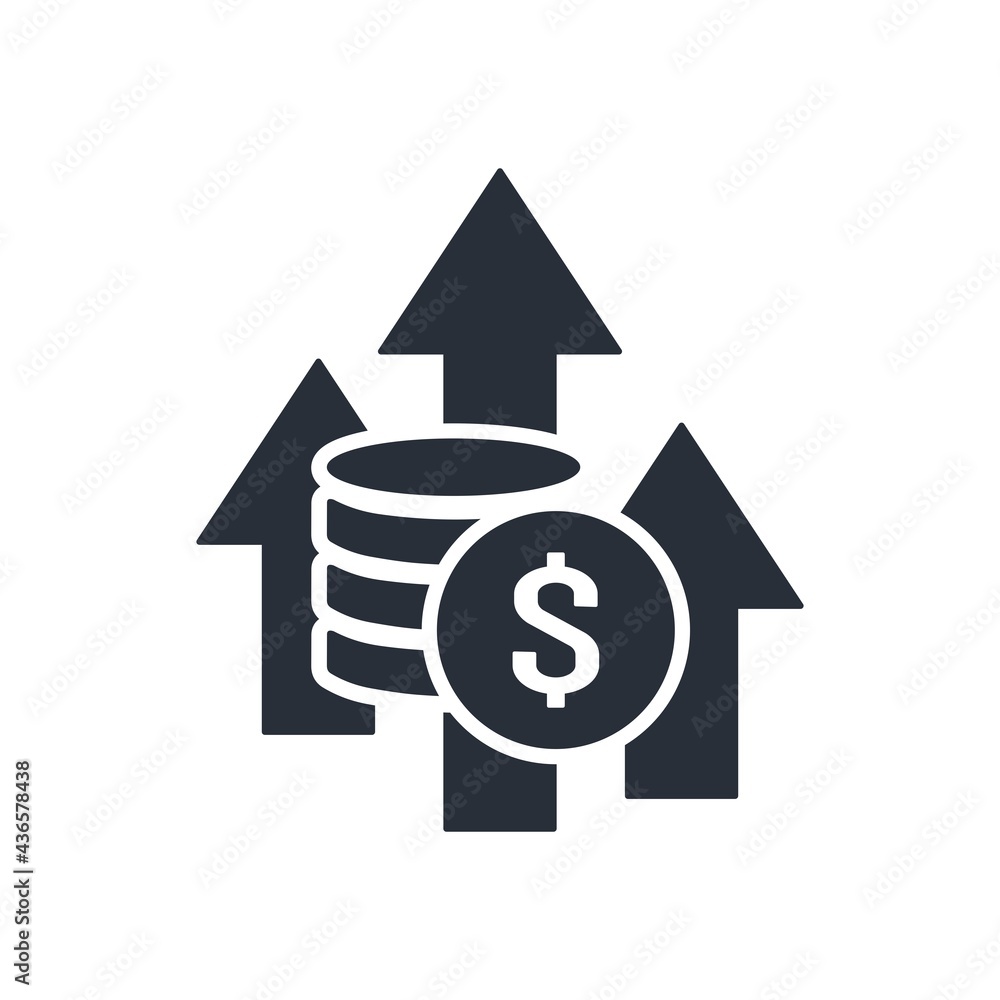 Poster arrows to the top and a stack of dollar coins. financial integration of management and control. vect
