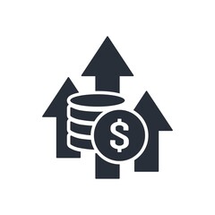 Arrows to the top and a stack of dollar coins. Financial integration of management and control. Vector icon isolated on white background.