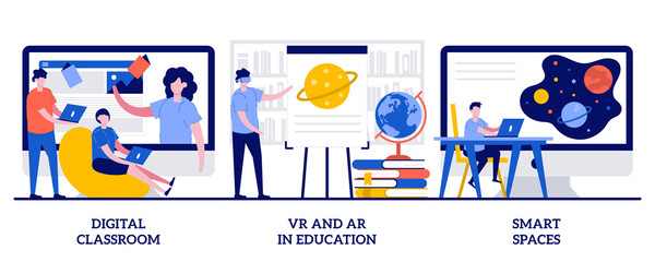Digital classroom, VR and AR in education, smart spaces concept with tiny people. Interactive learning vector illustration set. Blended learning, virtual reality, technology in education metaphor