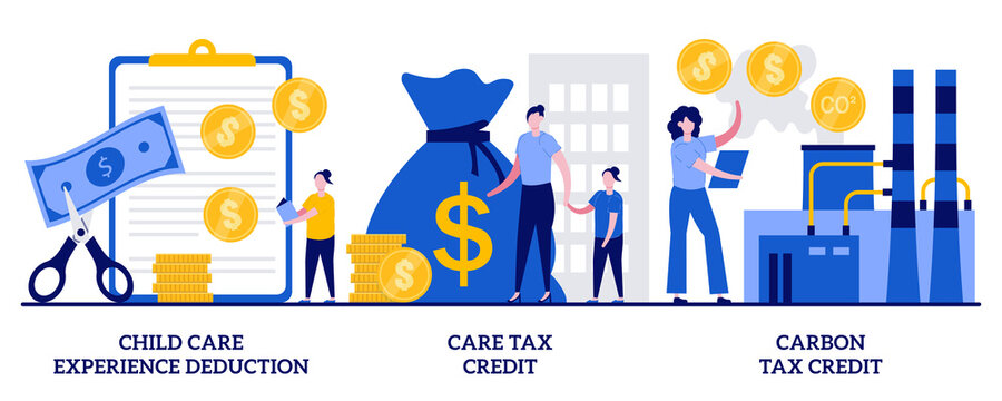 Child care experience deduction, care tax credit, carbon tax credit concept with tiny people. Income subsidies abstract vector illustration set. Tax deduction, exemption and credit metaphor