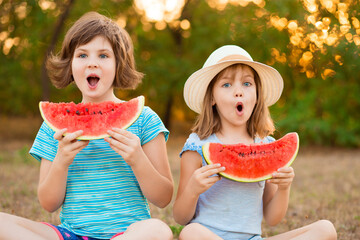 Adorable child girls with wonder face and with watermelon in hands think about question, thoughtful about confusing idea. Summer holidays - Powered by Adobe