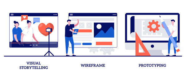 Visual storytelling, wireframe and prototyping concept with tiny people. Web page layout abstract vector illustration set. User experience, design concept, landing page, digital application metaphor