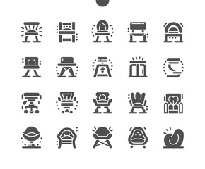 Chair types. Pouf, stool, bar chair, office chair, child chair, lounge chair. Different types of chairs. Comfortable, sit, furniture, house, interior. Vector Solid Icons. Simple Pictogram