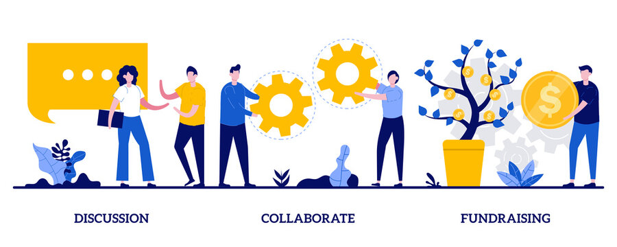 Discussion, collaboration, fundraising concept with tiny people. Teamwork and coworking web banners abstract vector illustration set. Online business conference, money investment metaphor