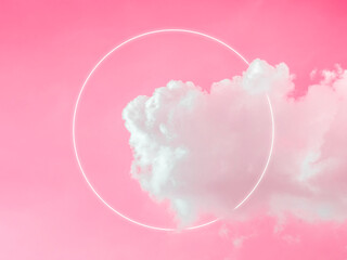 Blank circle white glowing light frame on dreamy fluffy cloud with aesthetic pink neon sky...
