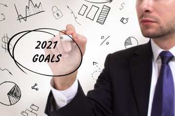 Business, technology, internet and network concept. Young businessman thinks over the steps for successful growth: 2021 goals