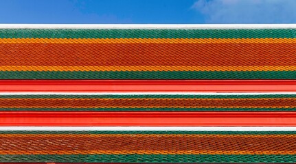 Panorama of Clay tile roof at Thai temple pattern and background seamless