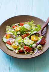 Mixed salad leaves, red and yellow tomatoes, cucumber and red onions salad in rustic plate