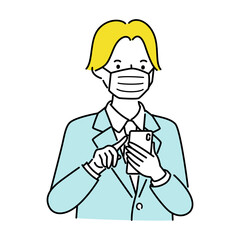 スマホをタッチしている若いビジネスマンの男性のイラスト。