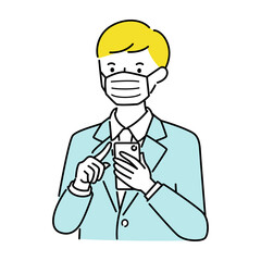 スマホをタッチしている若いビジネスマンの男性のイラスト。