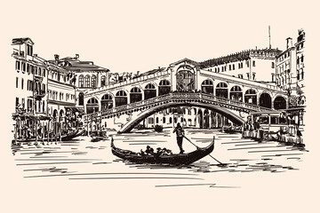 Old Rialto Bridge over the Grand Canal in Venice. Vector drawing. - obrazy, fototapety, plakaty