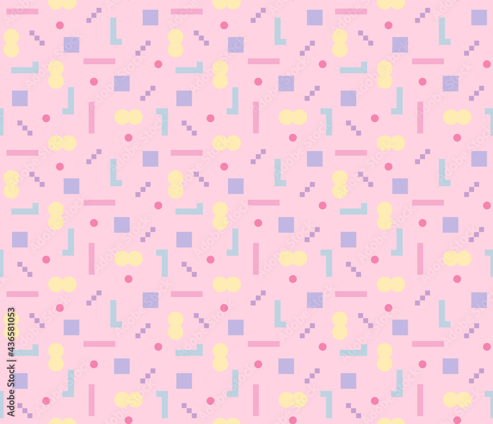 Poster small figures are combined on a pink background to create a pattern.