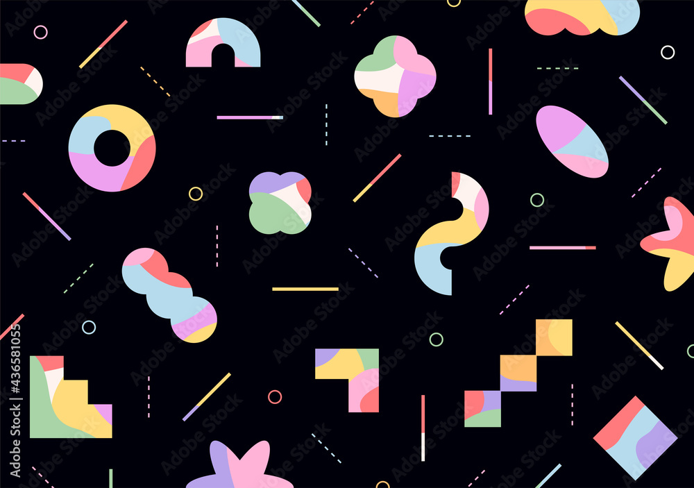 Poster figures with colorful patterns are freely arranged on a black background.