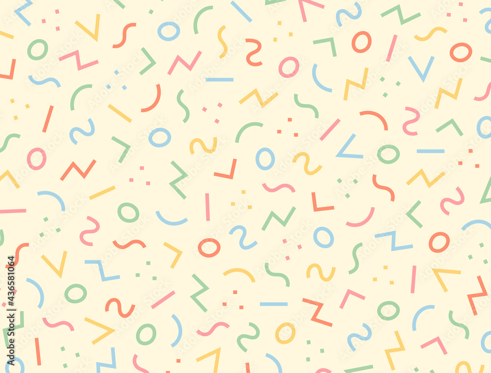 Poster patterns on a yellow background with jumbled circles and zigzag lines.