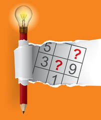 Smart Pencil with bulb and sudoku, torn paper. 
Illustration of orange ripped paper background with playful sudoku motif. Vector available