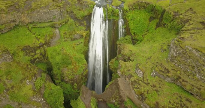 Aerial view over Gljufrabui waterfall, Iceland
drone view from Gljufrabui waterfall, February 2021
