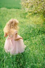 Fototapeta premium little girl in a pink dress in a field