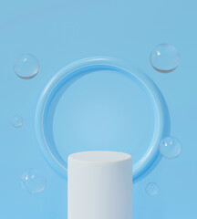 3D rendering for pedestal. White podium on pastel blue background abstract with bubbles water.