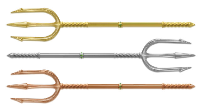 Gold, silver and bronze trident, devil pitchfork with emeralds isolated on white background. Vector realistic set of mythology weapon of greek god Poseidon, Triton or Neptune. Demon tridental spear