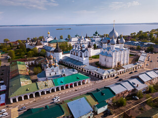 Aerial view of architectural complex of Rostov Kremlin located on board of Lake Nero in Russian city of Rostov