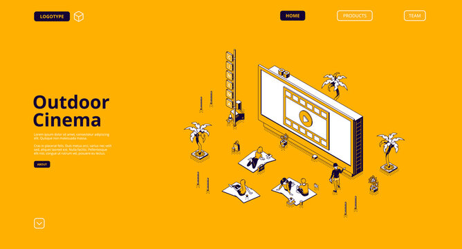 Outdoor Cinema Banner. Open Air Movie Theater In Public Park Or Backyard. Vector Landing Page With Isometric Illustration Of Summer Lawn With People Sitting And Watching Film On Big Screen At Night