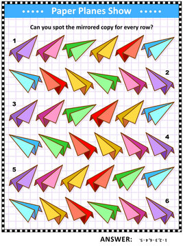 Puzzle with colorful paper planes: Match the pairs - find the exact mirrored copy for every row. Answer included.
