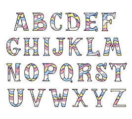 Happy rainbow striped abc in cartoon style in pastel colors isolated on the white. Vector Illustration