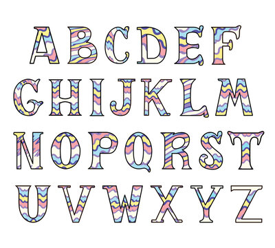 Happy rainbow striped abc in cartoon style in pastel colors isolated on the white. Vector Illustration