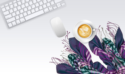 Elegant home office desk, computer, fluffy pastel blue plaid, cup of coffee on white background. Christmas, New Year, winter concept. Flat lay, top view, copy space