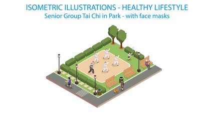 Senior tai chi in park isometric. Post covid with protective mask.