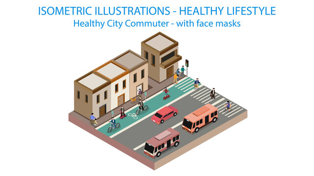Bicycle lane on street isometric. Healthy way to commute isometric. Post covid with protective mask.