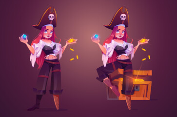 Girl pirate with treasure, female captain with wooden leg, hat with skull sign and chest full of money. Vector cartoon woman character in buccaneer costume holding gemstone and gold coins