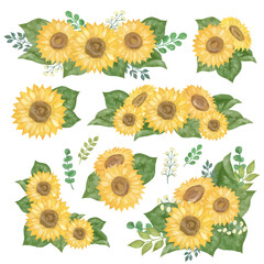 水彩風ひまわりとボタニカルのフレーム装飾素材セット