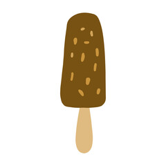 Hand drawn illustration of chocolate covered ice cream bar with almond nuts or peanuts on a stick or gelato. Isolated on white background.