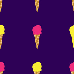 Hand drawn vector illustration of waffle cone with ball of ice cream or gelato in bright colors. Seamless pattern.