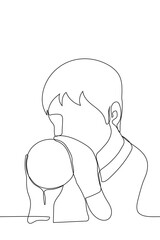 man inflates a balloon - one line drawing. breathing gymnastics concept, preparation for the holiday, festive decor, get ready for the party