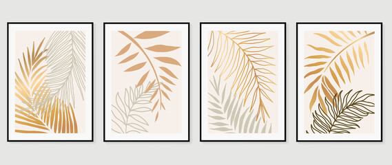 Topical leaves abstract gold color art background vector. Wall arts design with earth tone and watercolor brush texture.