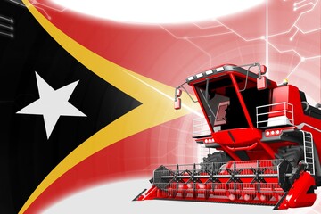 Obraz na płótnie Canvas Agriculture innovation concept, red advanced grain combine harvester on Timor-Leste flag - digital industrial 3D illustration