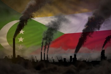 Global warming concept - dense smoke from industry chimneys on Comoros flag background with space for your logo - industrial 3D illustration
