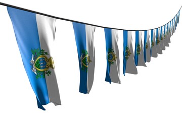 cute many San Marino flags or banners hanging diagonal with perspective view on rope isolated on white - any holiday flag 3d illustration..