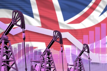 lowering down chart on United Kingdom (UK) flag background - industrial illustration of United Kingdom (UK) oil industry or market concept. 3D Illustration