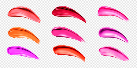 Lipstick smears, swatches of liquid lip gloss for makeup palette. Vector realistic mockup of bright red, orange and pink smudges of female cosmetic isolated on transparent background - obrazy, fototapety, plakaty